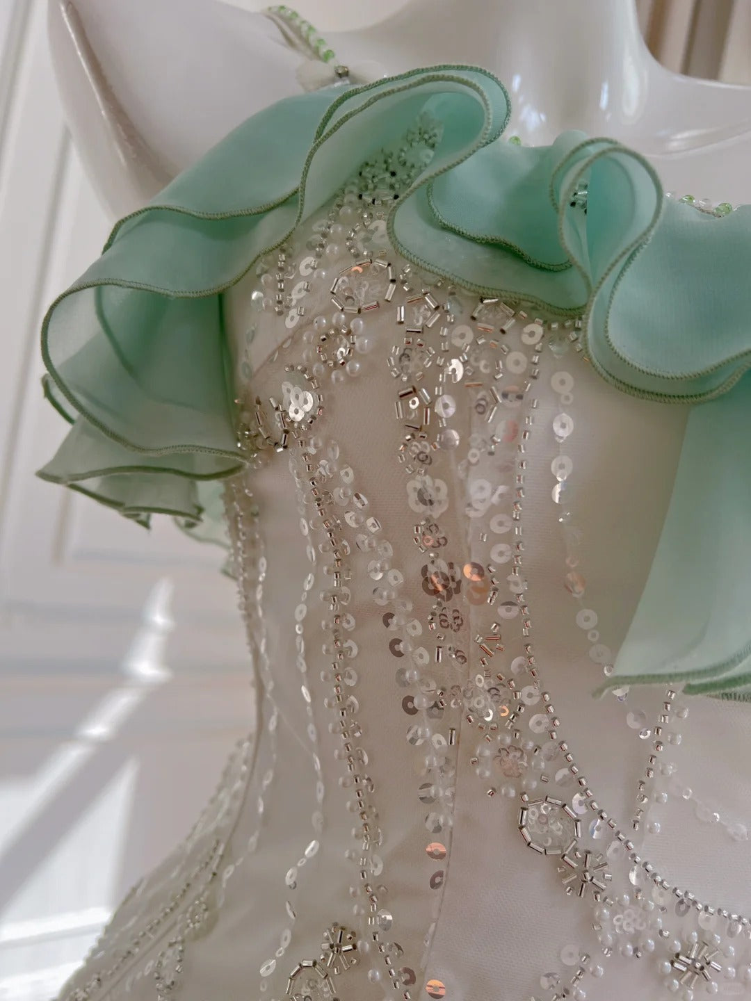 Robe de soirée longue en mousseline de soie vert menthe, ornée de perles, pour anniversaire, gh4407