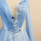 Ice Blue Sheer Long-Sleeve 3D Flower Train Gown gh6393