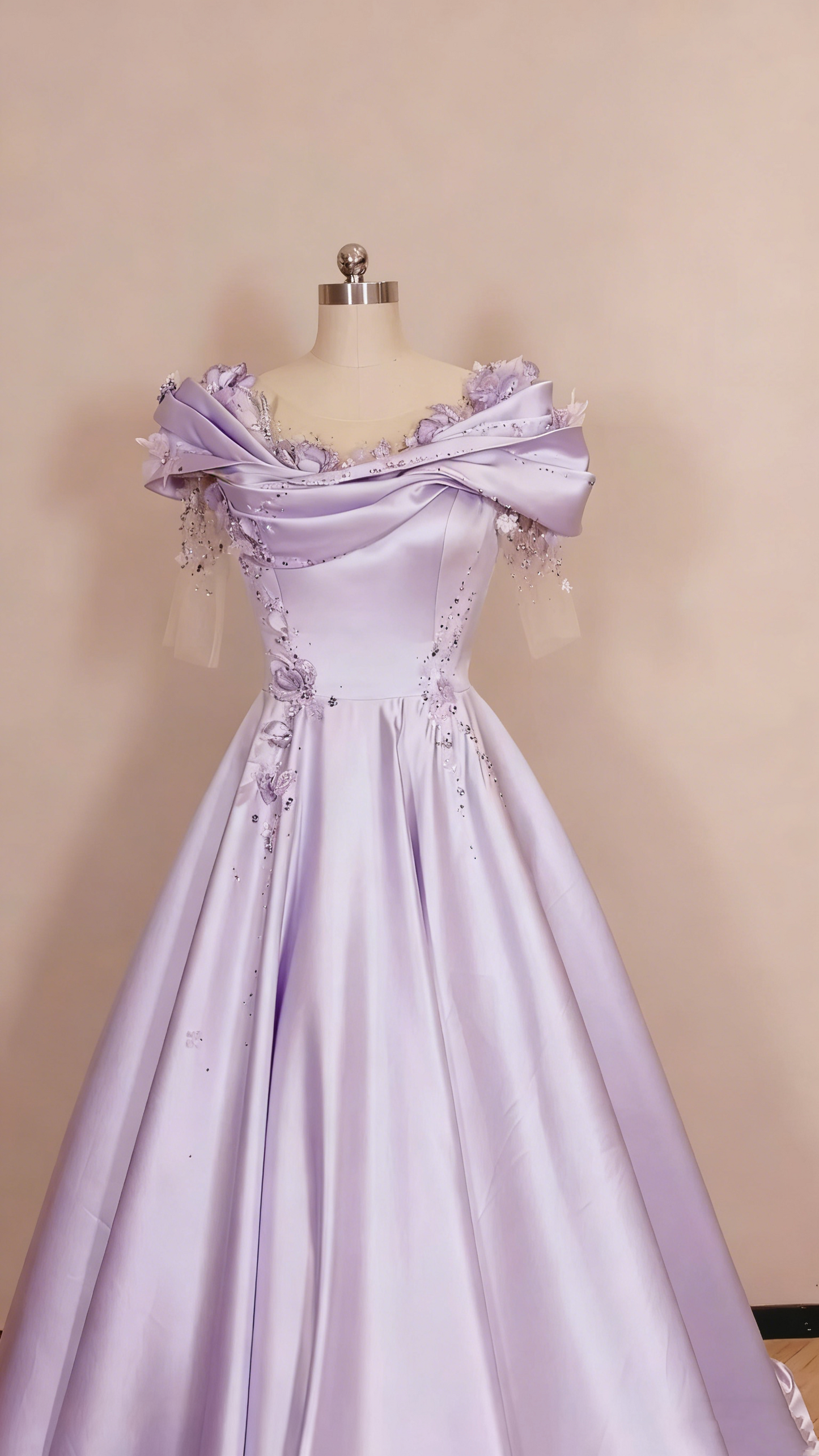 Formal Dress Lilac Satin Off-the-Shoulder 3D Flower Train Gown gh6388