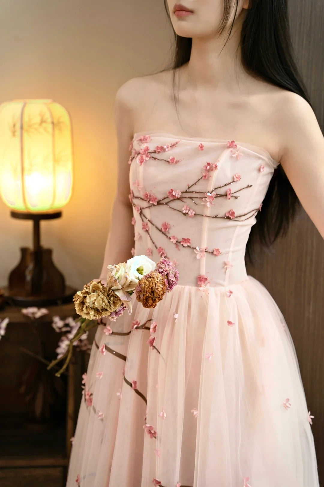 girlhomeshops- Vintage Peach Pink Plum Blossom 3D Embroidered Strapless Tulle Chinese Style Evening Gown gh6034