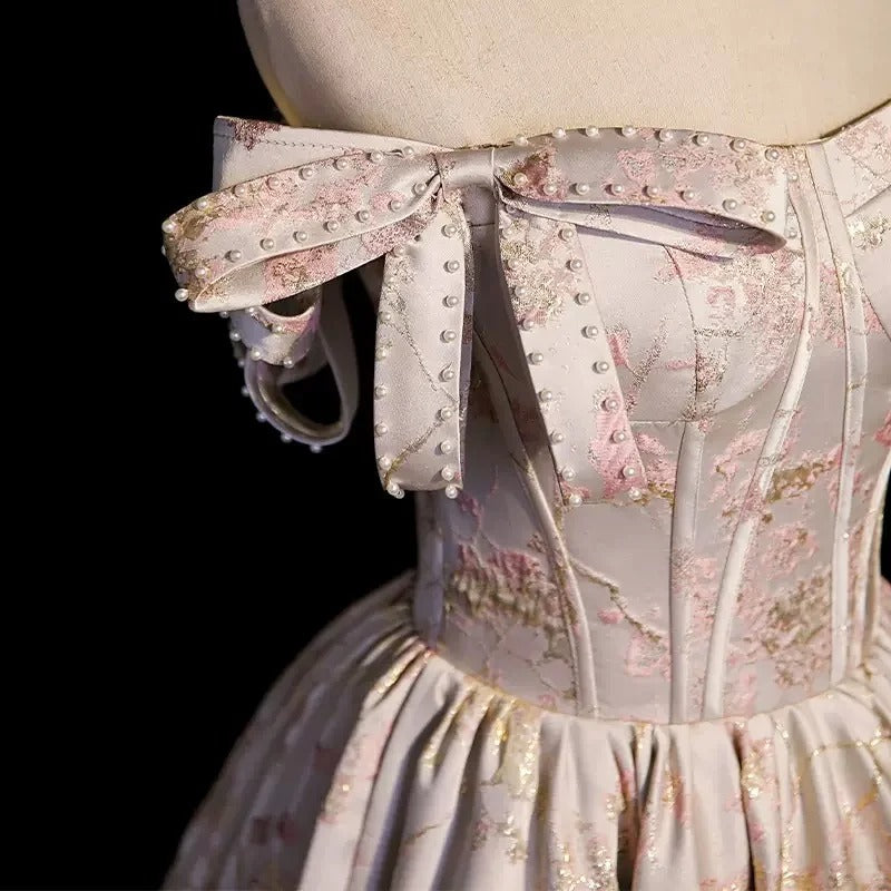 Girlhomeshops - Rosa, geblümtes, perlenbesetztes, langes, bodenlanges Ballkleid aus Satin mit Bindeband, gh5313