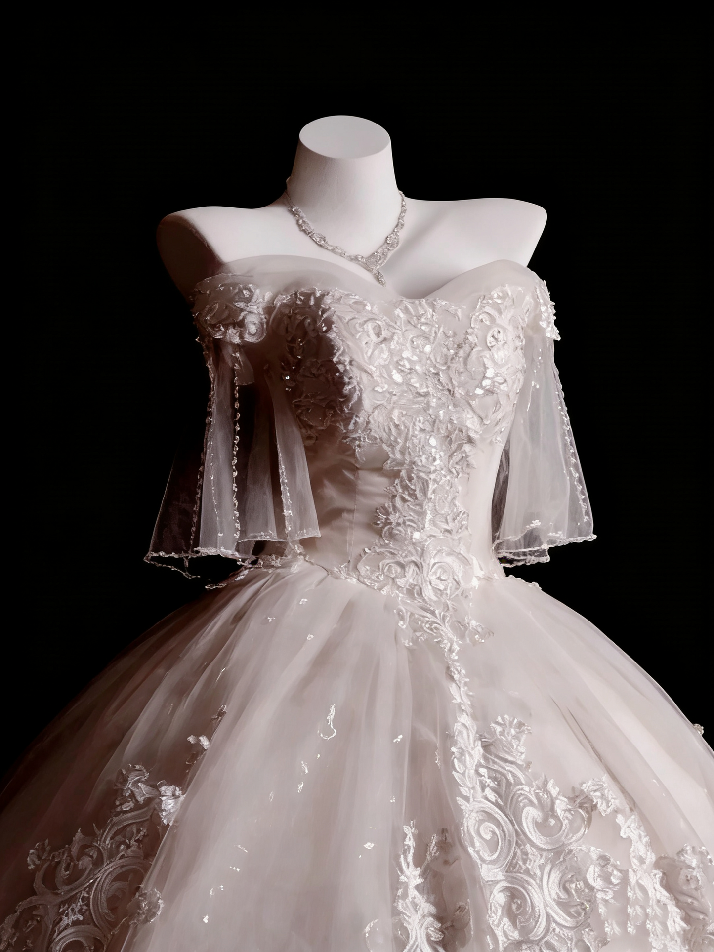 Luxury Court Style Satin & Tulle Floor-Length Ballgown Off-Shoulder Beaded Embroidery Train Wedding Dress - Ceremony Gown for Wedding & Engagement Banquet gh6494