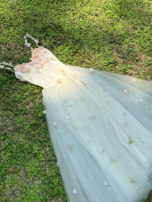 girlhomeshops - Robe de soirée vintage rose et blanche à dégradé floral 3D en tulle, bretelles spaghetti, style forêt gh6039