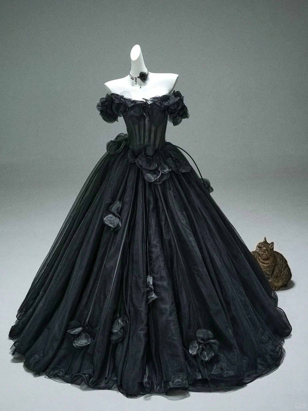 Superbe robe de soirée noire élégante et délicate à fleurs appliquées, longue en tulle, longueur au sol, robe de bal, robe de remise de diplôme, robe de bar-mitsva, robe de mariée gh3842