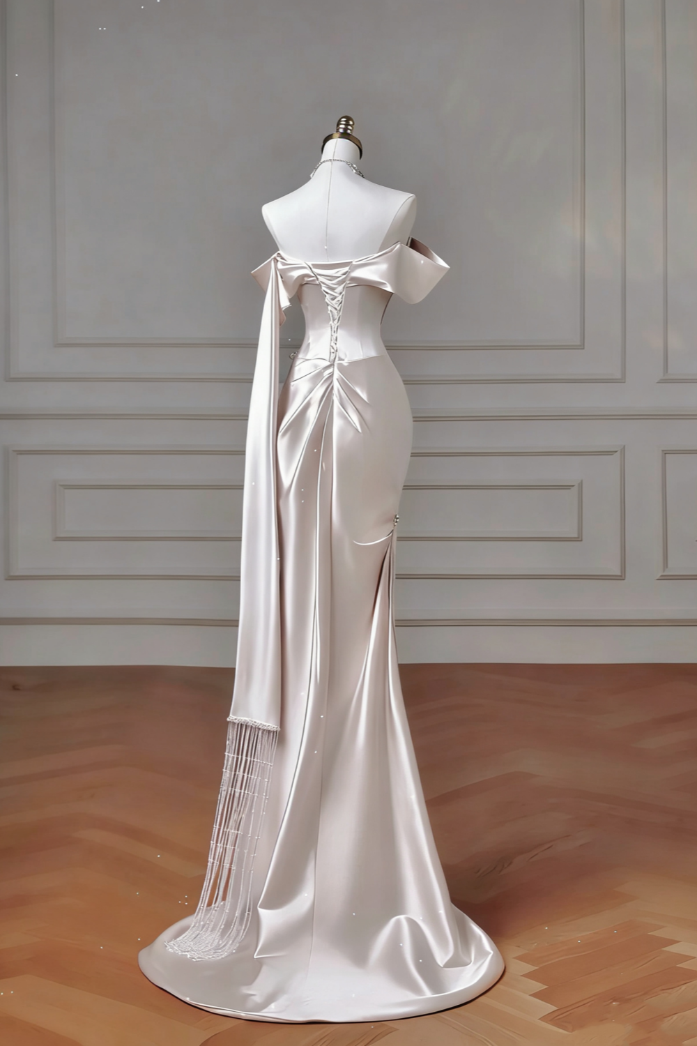High-End Texture Style Champagne Gold Satin Off-Shoulder Ruched Train Gown - Elegant Dress for Dinner & Red Carpet gh6546