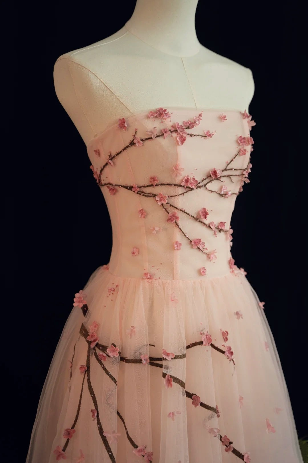 girlhomeshops- Vintage Peach Pink Plum Blossom 3D Embroidered Strapless Tulle Chinese Style Evening Gown gh6034