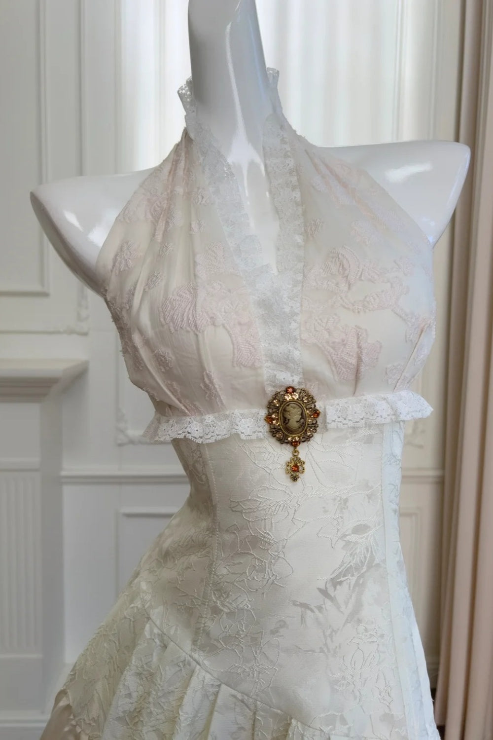 girlhomeshops-Vintage Lace Jacquard Halter Evening Dress, Long Sleeveless Elegant Party Gown gh5902