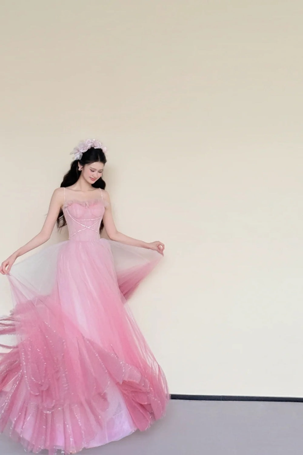 girlhomeshops-Blumenfeenkleid, rosa, glänzend, süß, exquisit, mit Perlen besetzt, lang, Tüll, Ballkleid, Abendkleid, Abschlusskleid, gh5980