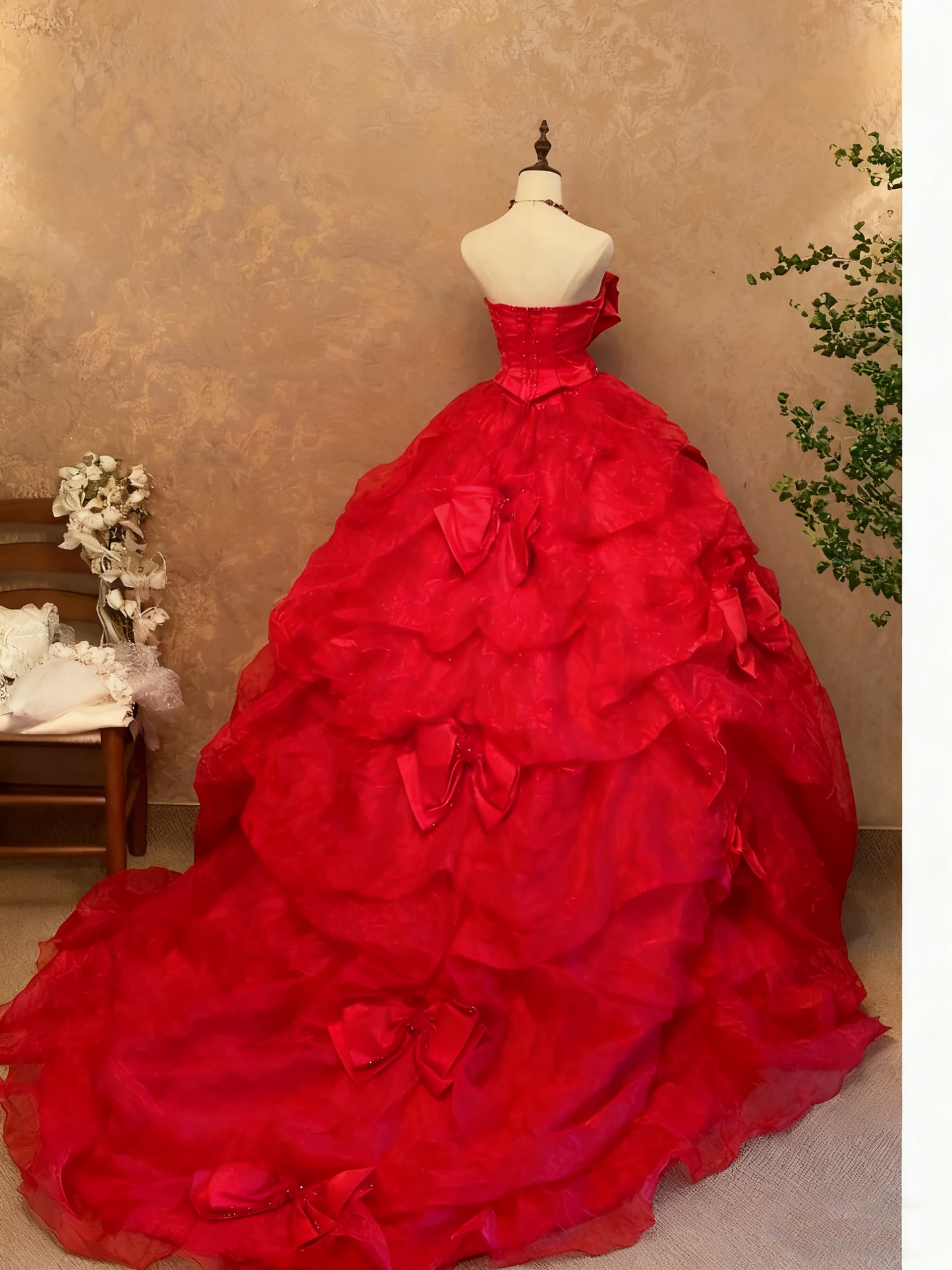 girlhomeshops-Crimson Satin Strapless Bow Rhinestone-Embellished Floor-Length Court-Style Gown gh6371
