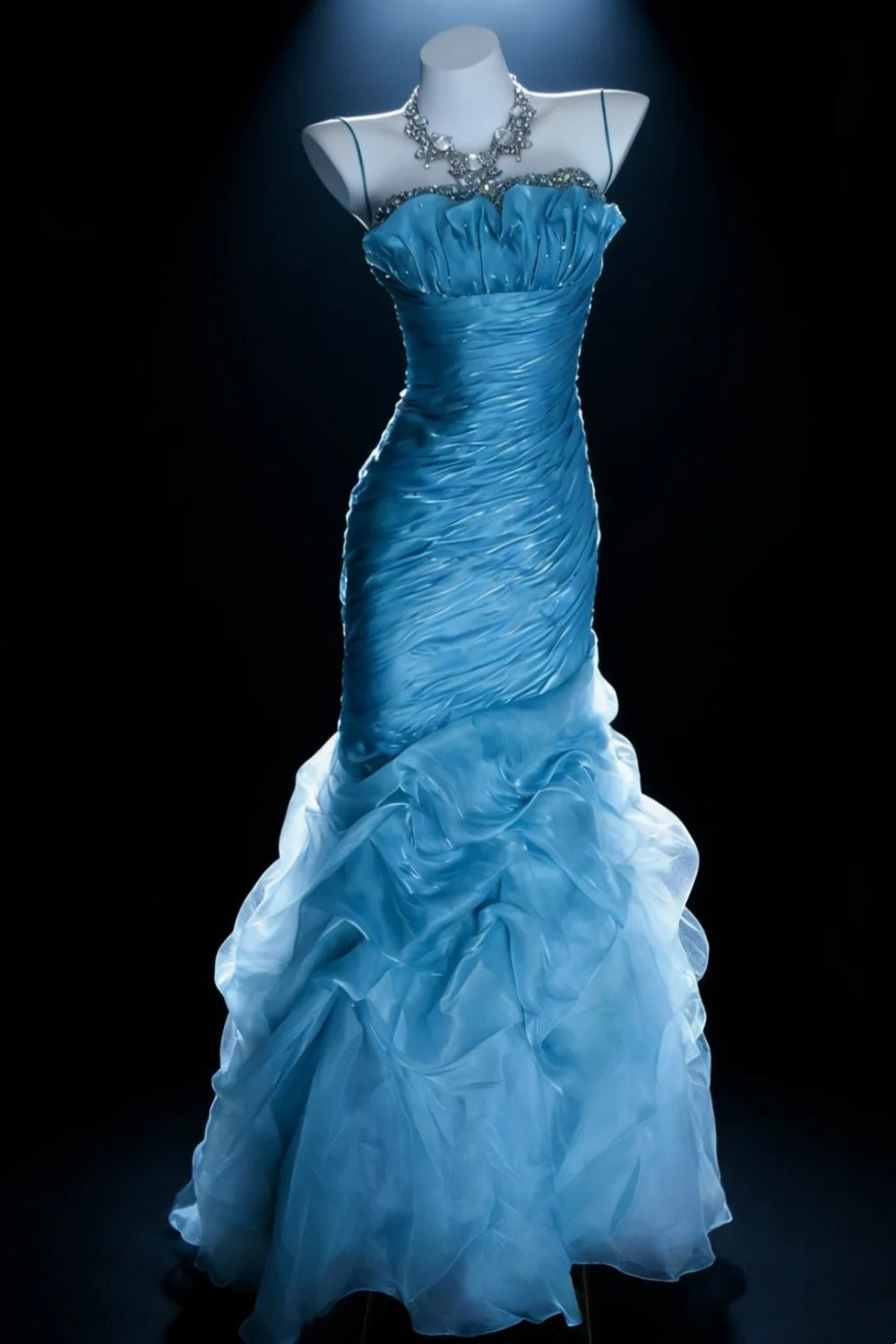 Ice Blue Mystery - Spaghetti Strap Beaded Ruched Mermaid Gown, Tulle Train Elegant Dress. gh7088