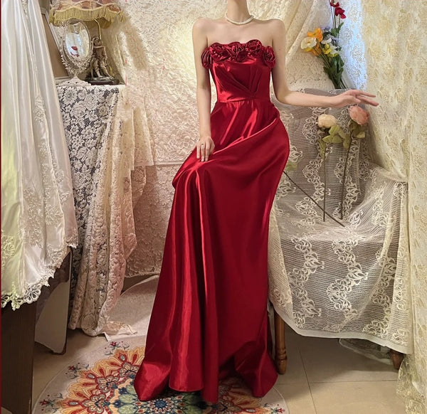 Red delicate floral long elegant satin ball gown evening dress gh4436