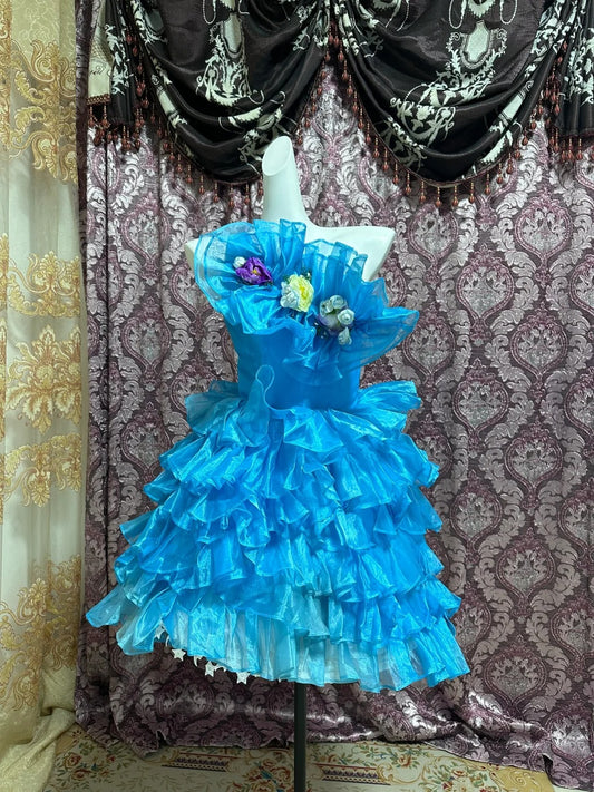 Blue Floral Ruffle Short Tulle Homecoming Dress Prom Gown gh4641