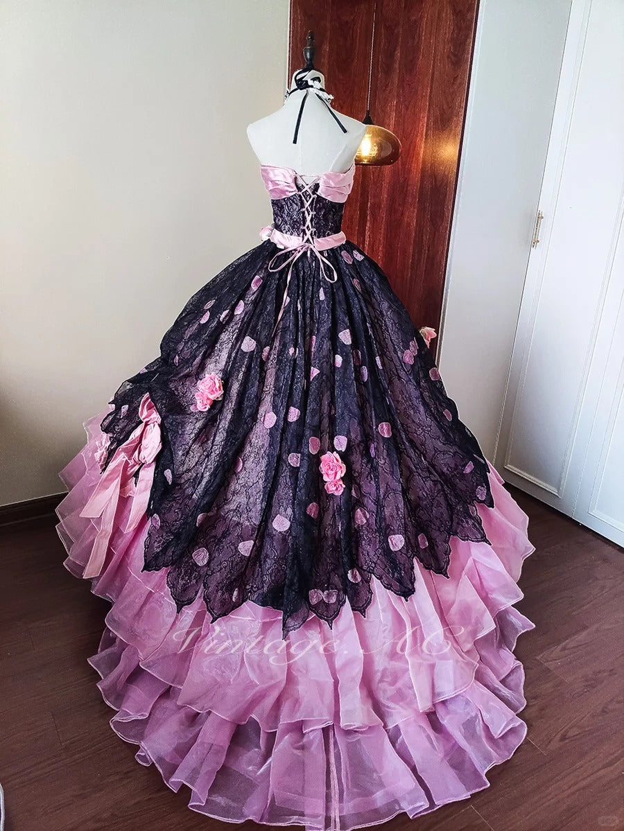 Girlhomeshops - Rosa Blumenspitze Tüll Bodenlanges Ballkleid gh5302