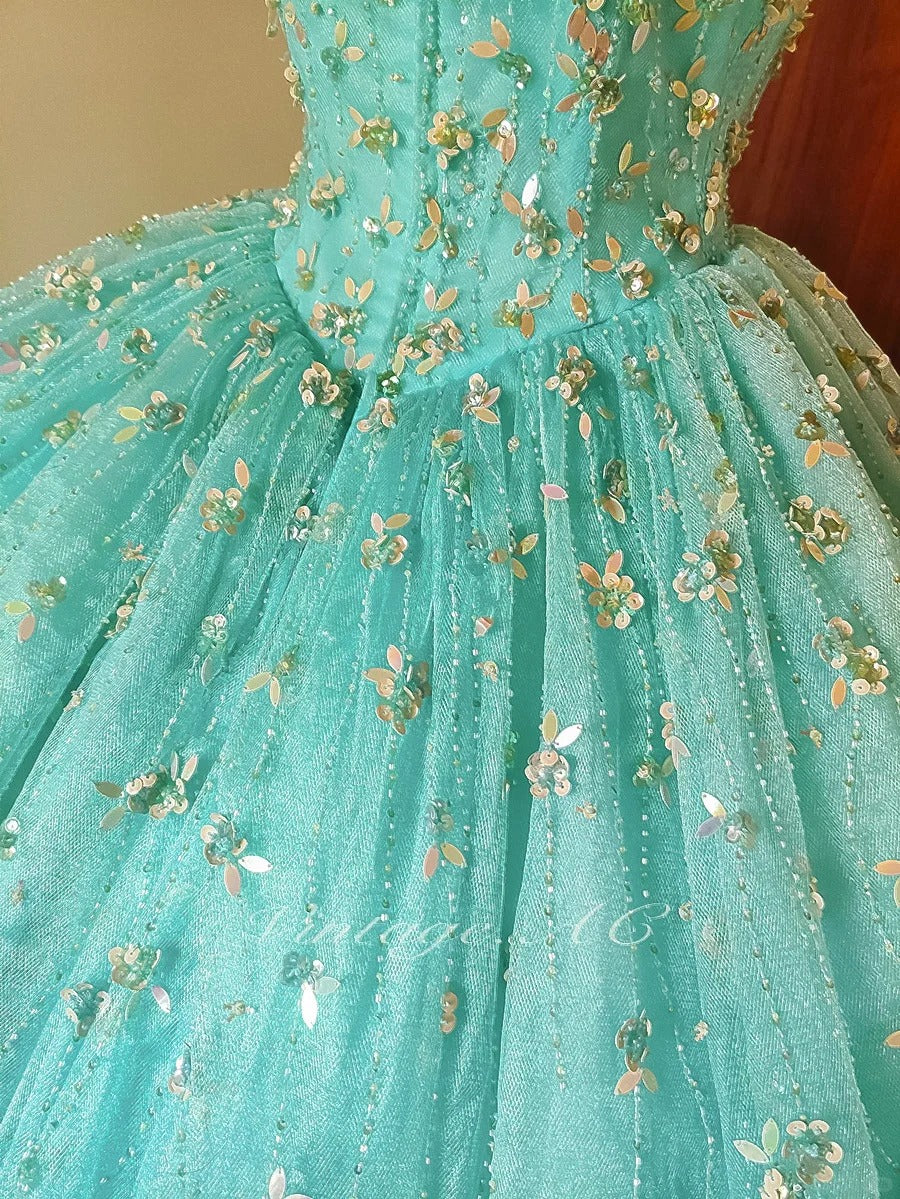 Girlhomeshops - Mintgrünes, glitzerndes, perlenbesetztes, florales, langes, bodenlanges Tüll-Ballkleid gh5300