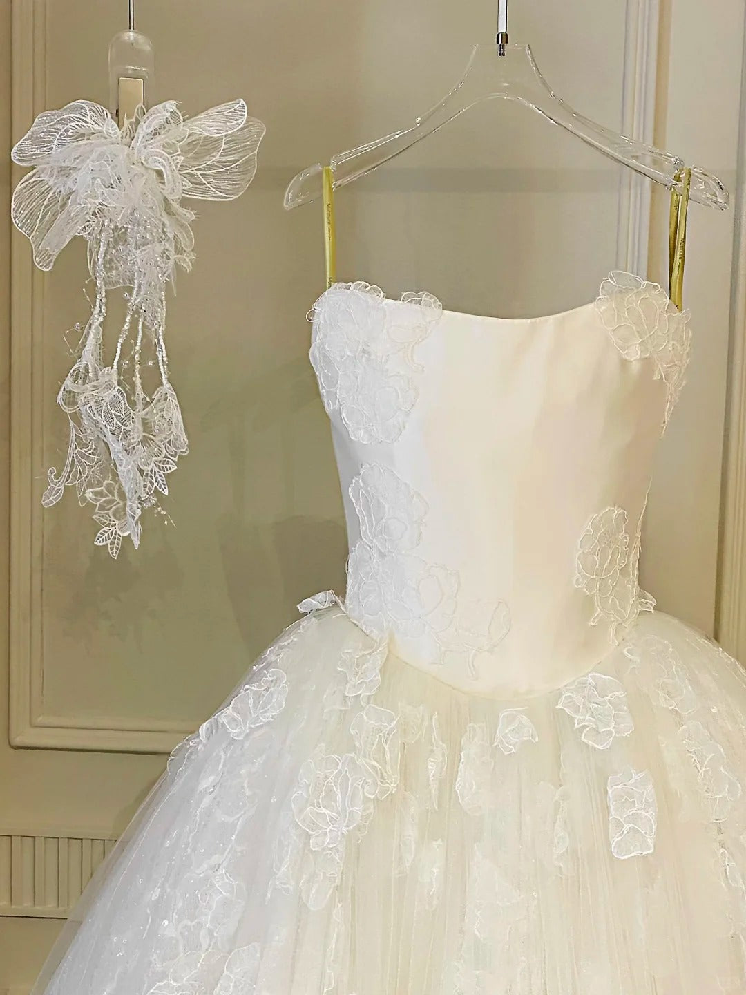 Girlhomeshops-White floral lace long elegant tulle wedding prom dress gh5436