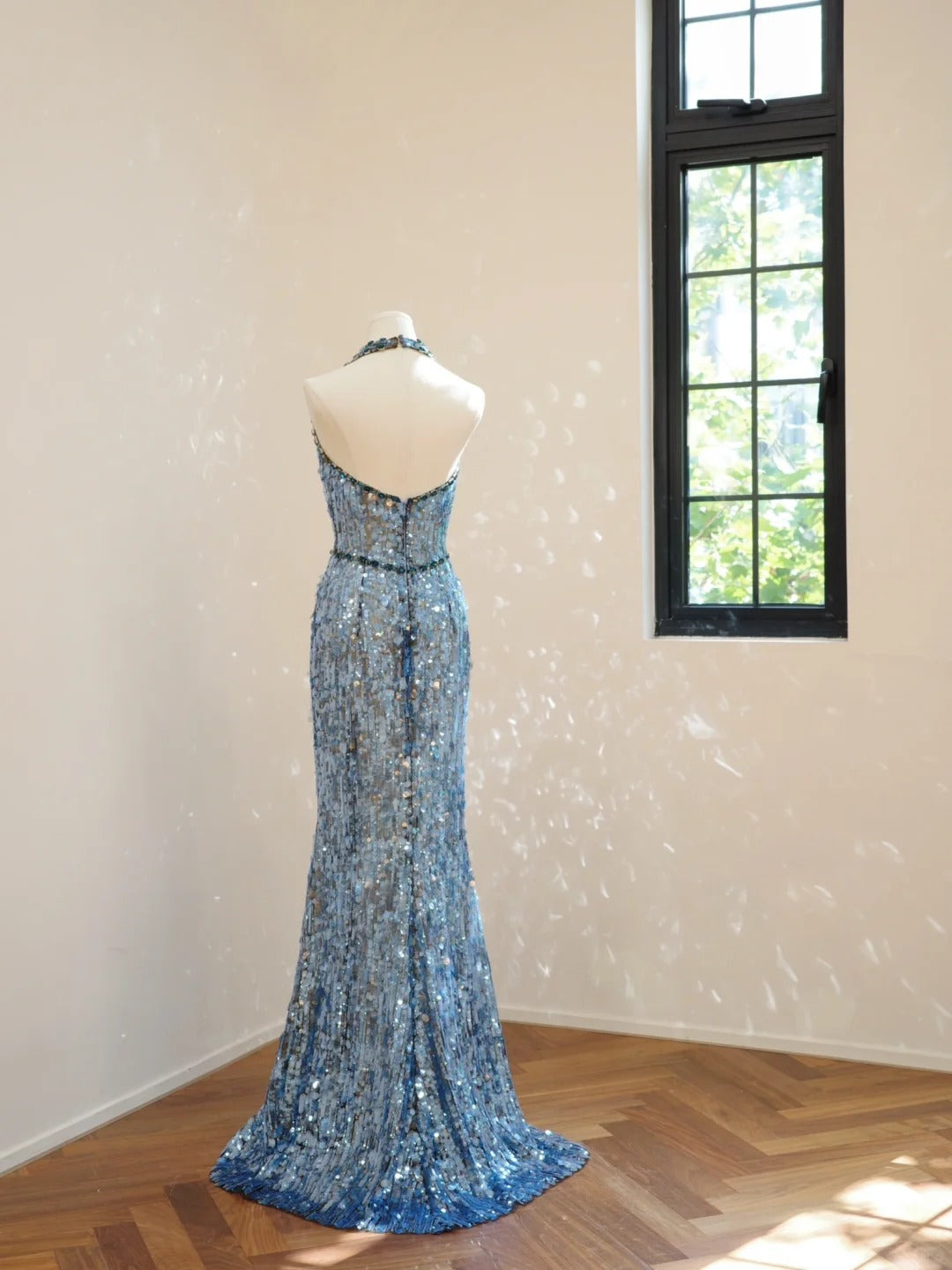 Girlhomeshops-Blue fashion V-neck long sequined Prom dress evening dress gh5069