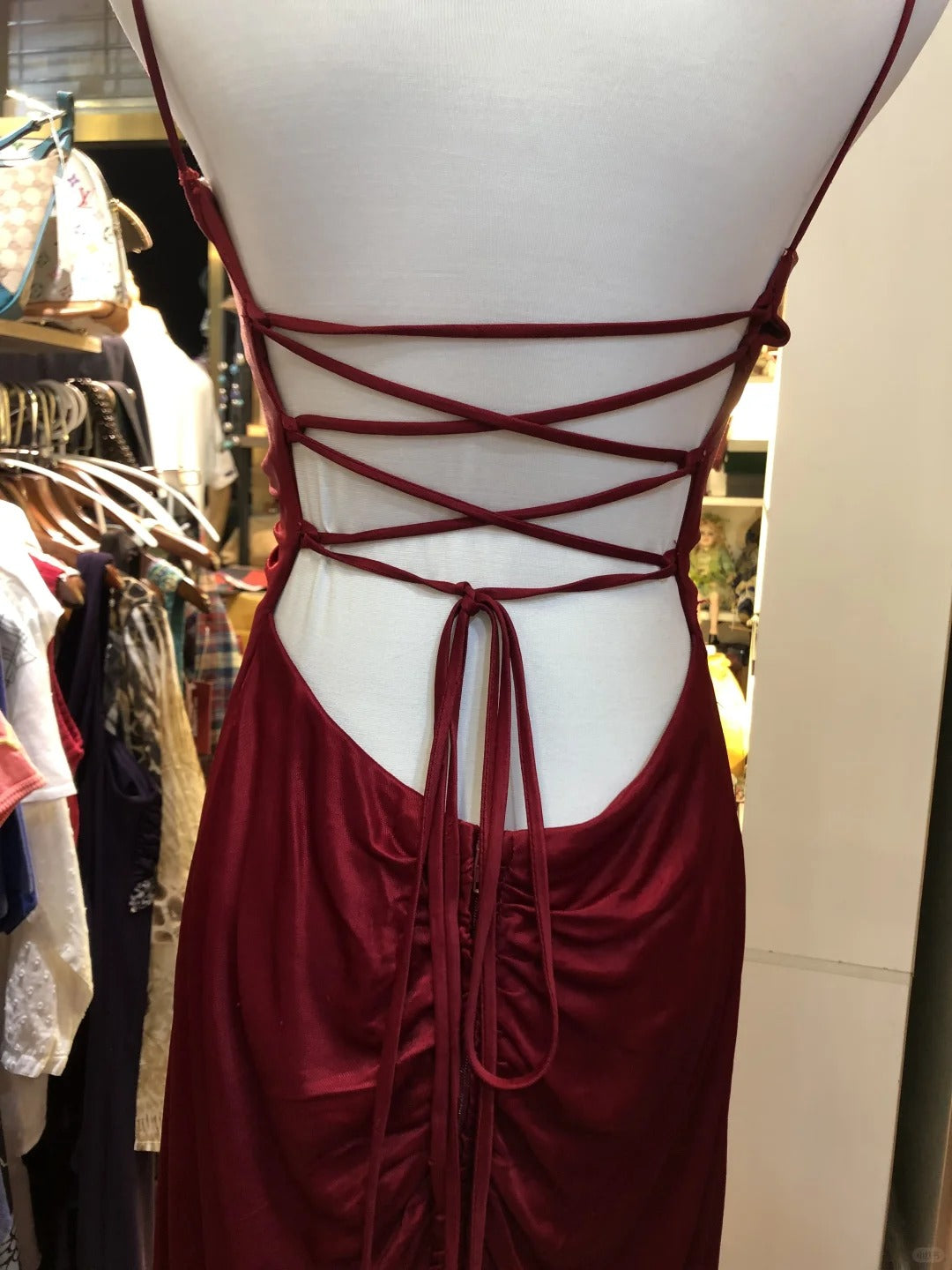 Burgundy Stunning Fashion Retro Elegant Exquisite Rhinestone Spaghetti Straps Long Satin Sexy Backless Prom Dress Evening Dress Birthday Party Dress gh4147