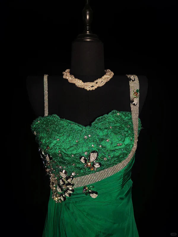 Green Vintage Fashion Elegant Exquisite Beaded Lace Long Satin Floor Length Trailing Ball Gown Evening Gown Party Dress gh3816