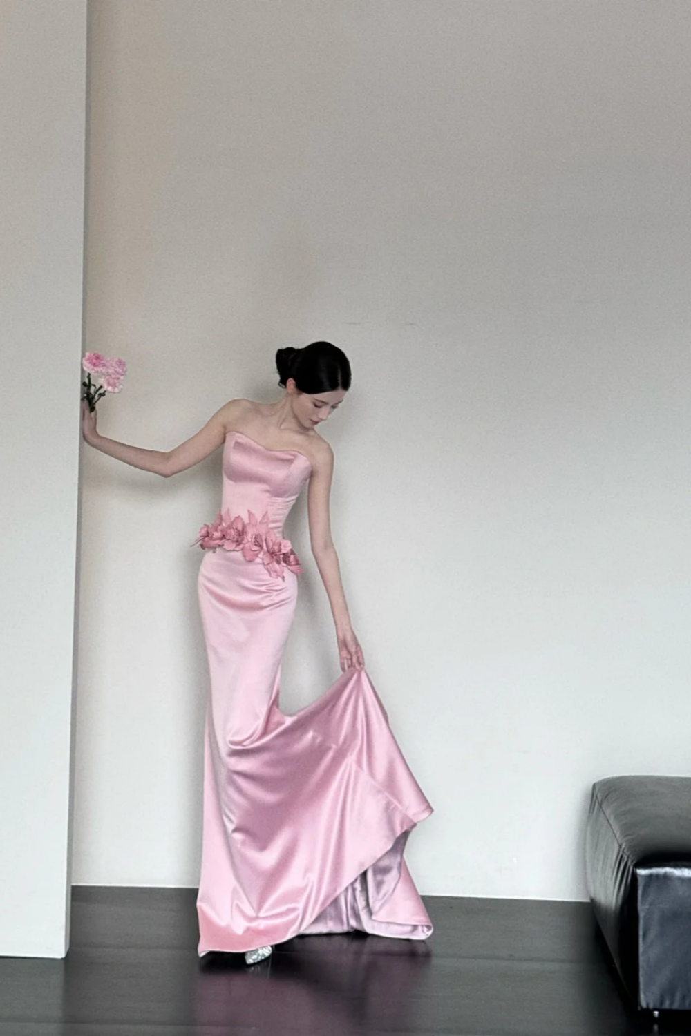 Pink Fashion Elegant Exquisite Floral Long Satin Corset Mermaid Slim Floor Length Train Ball Gown Evening Dress Party Dress Prom Dress gh3731