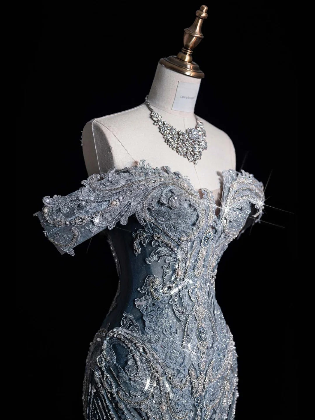 ✨💎Silver Blue Luxurious Heavy Industry Sparkling Gorgeous Elegant Exquisite Beading Stunning Long Mermaid Dress Sequin Floor Length Trailing Prom Dress Evening Dress Wedding Dress gh4114