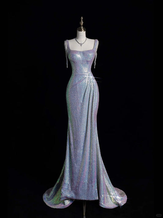 Robe de soirée longue en satin argenté, élégante et élégante, longueur au sol, style galaxie, gh4377