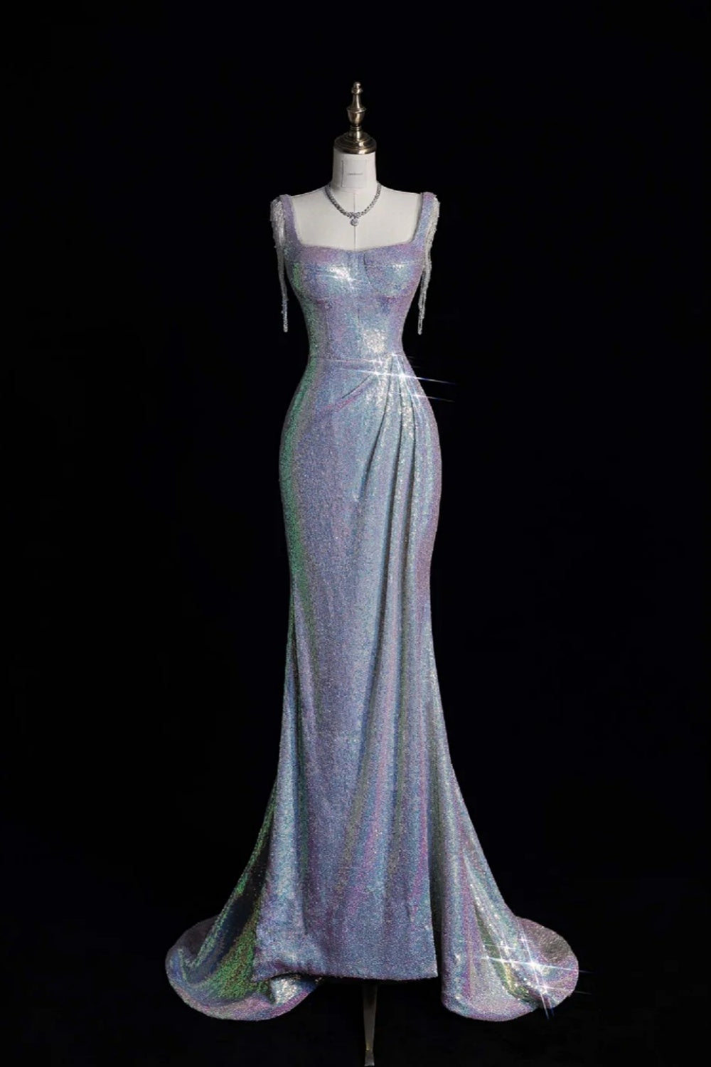 Iridescent Light & Shadow Square Neck Mermaid Evening Gown gh6749