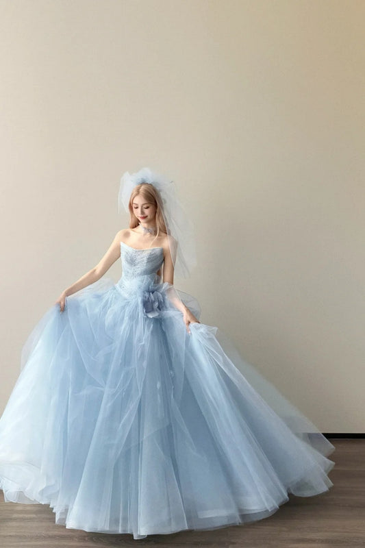 Ice Blue Dream - Strapless 3D Floral Tulle Wedding Dress, Full Veil Wedding Ceremony Gown. gh7089