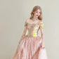 girlhomeshops-Vintage Pink-Gold Contrast Off-Shoulder Court Style Evening Gown gh6027
