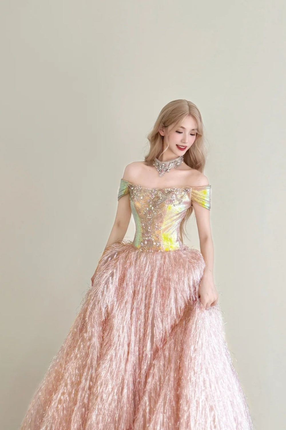 girlhomeshops-Vintage Pink-Gold Contrast Off-Shoulder Court Style Evening Gown gh6027