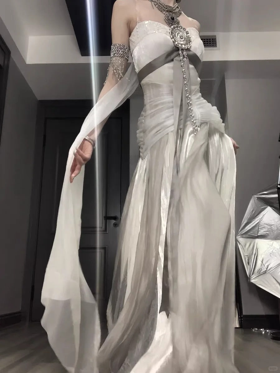 Robe de soirée longue en satin et tulle blanc et gris, robe de bal, robe de remise de diplôme, gh4492