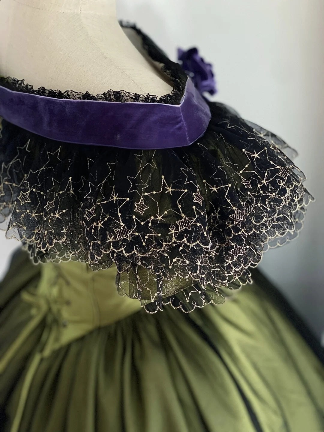 Olive Green Satin Off-the-shoulder Victorian Ball Gown: Satin Fabric, Velvet Floral Trim, Star-patterned Lace, Retro Ballgown Silhouette, Ball Formal Dress gh6734