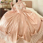 Peach Pink Satin Off-the-shoulder Lolita Victorian Ball Gown: Satin Fabric, Lace Bow Trim, Retro Ballgown Silhouette, Tea Party Formal Dress gh6735
