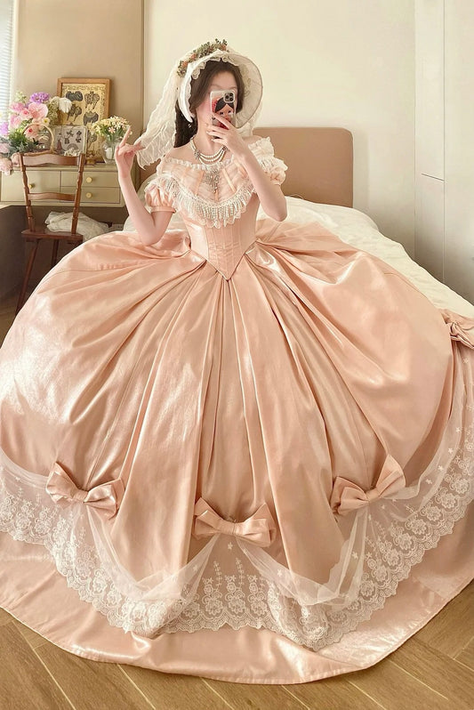 Peach Pink Satin Off-the-shoulder Lolita Victorian Ball Gown: Satin Fabric, Lace Bow Trim, Retro Ballgown Silhouette, Tea Party Formal Dress gh6735