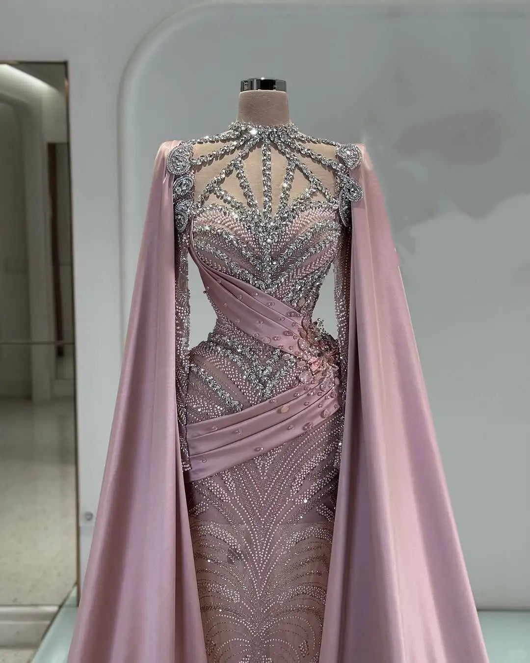 Girlhomeshops-Pink Luxury Gorgeous Beaded Rhinestone Long Satin Prom dress Evening Dress gh5017