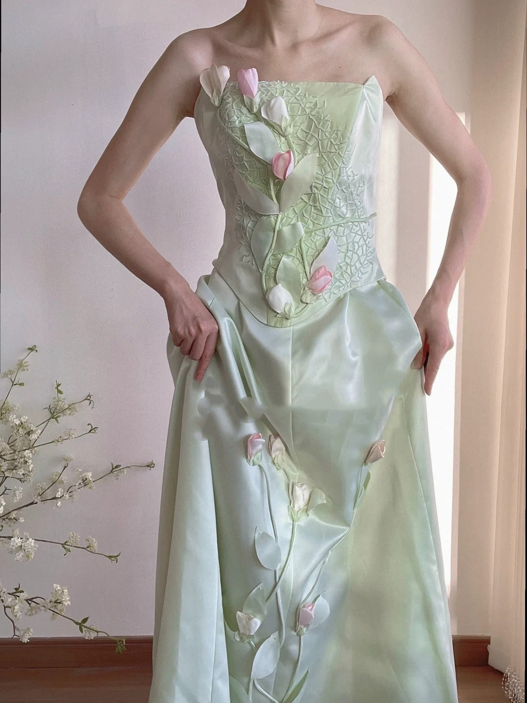 Girlhomeshops-🌷🌿Green tulip applique long satin floor-length Prom Dress evening dress gh5240