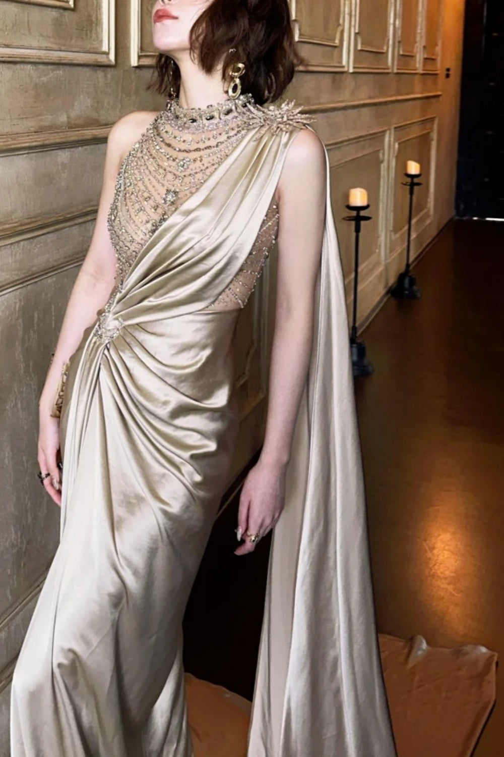 girlhomeshops-High - Slit Gilt One - shoulder Gown, Shining Beads Unleash Sexy Charm gh5897