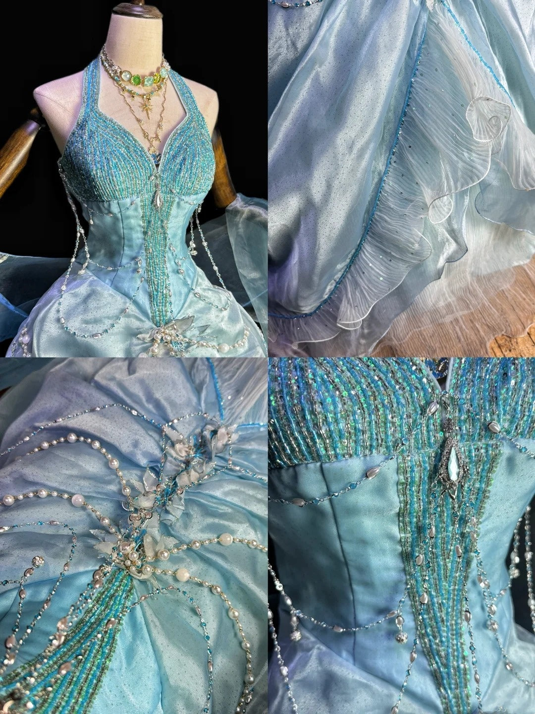 Meerjungfrauen-Ballkleid in Meeresblau mit Neckholder, Perlen und Quasten – Hochzeits- und Cosplay-Kleid im Ozean-Stil gh6557