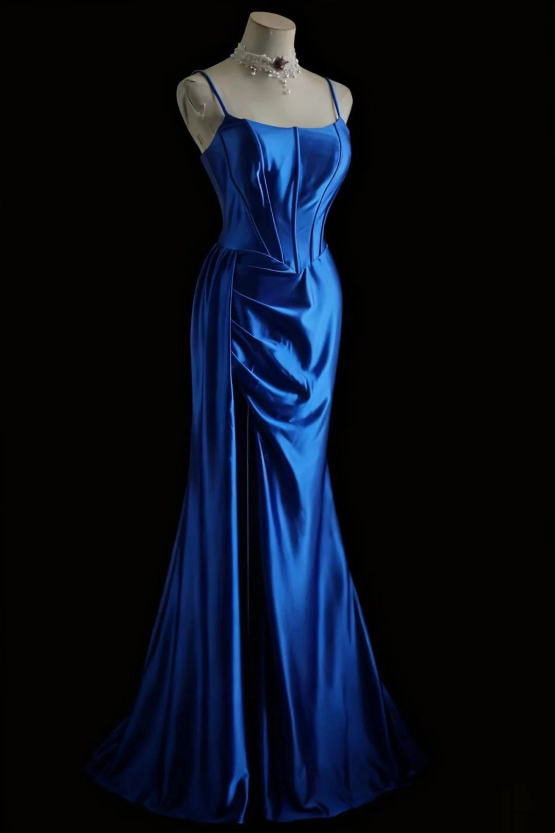 girlhomeshops-Sleeveless Royal Blue Satin Mermaid Dress, Retro Elegant Slim - fitting Floor - length Evening Gown  gh5828