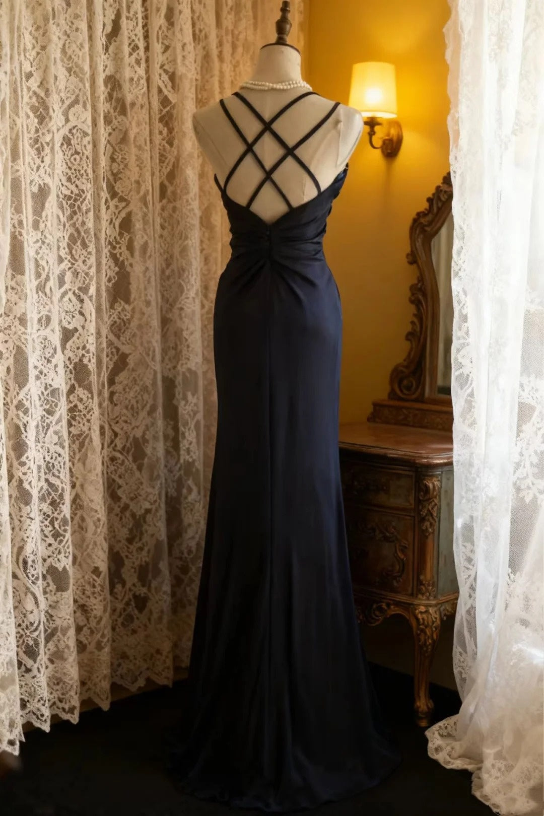 girlhomeshops-Elegant navy blue spaghetti strap deep V neck waist dress, vintage embellished elegant long evening gown  gh5826