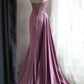 Robe longue élégante en satin rose à perles gh6644
