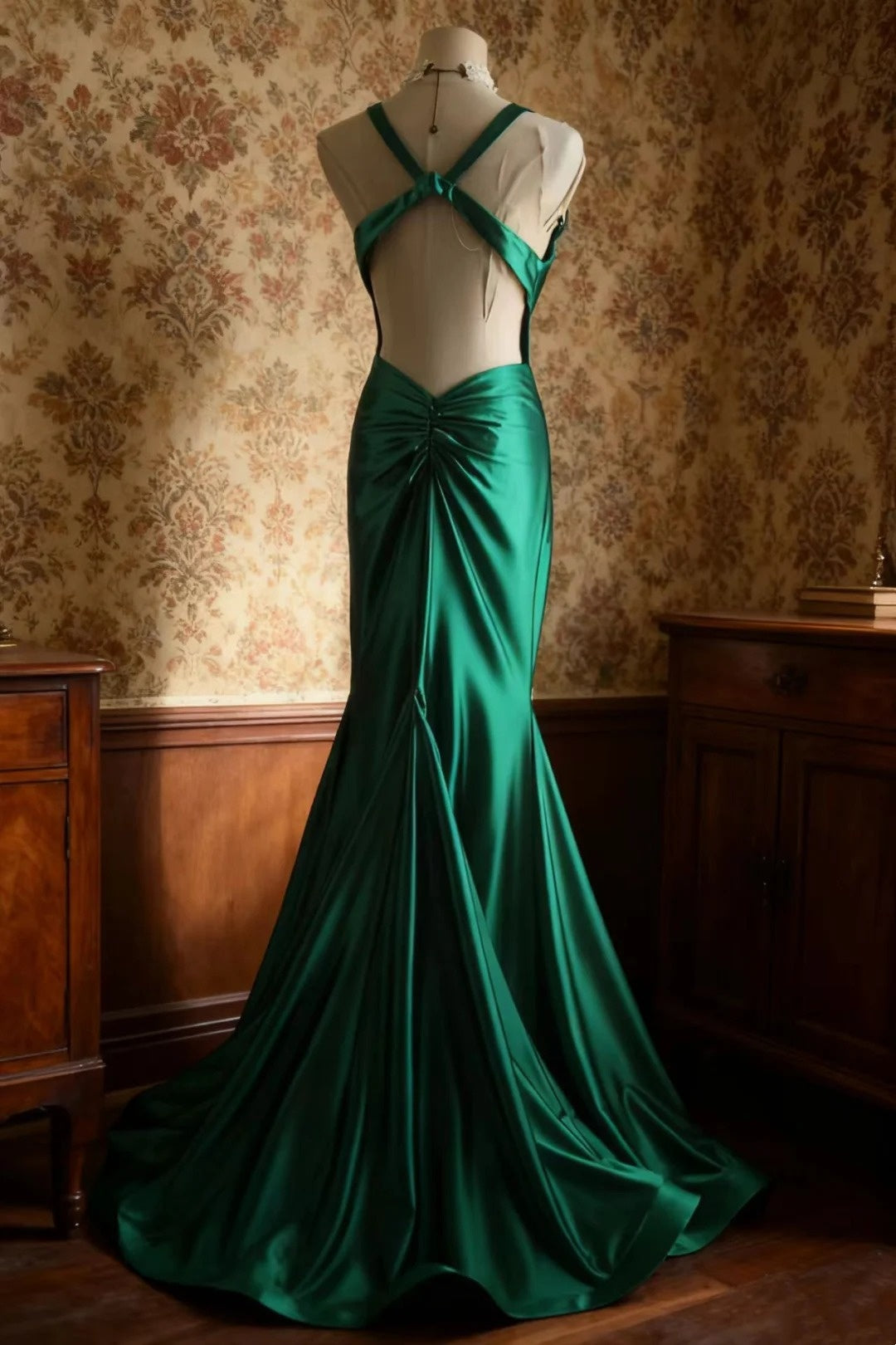girlhomeshops-Sleeveless Deep V - Neck Backless Dark Green Satin Mermaid Dress, Retro Elegant Slim - fitting Floor - length Evening Gown  gh5827