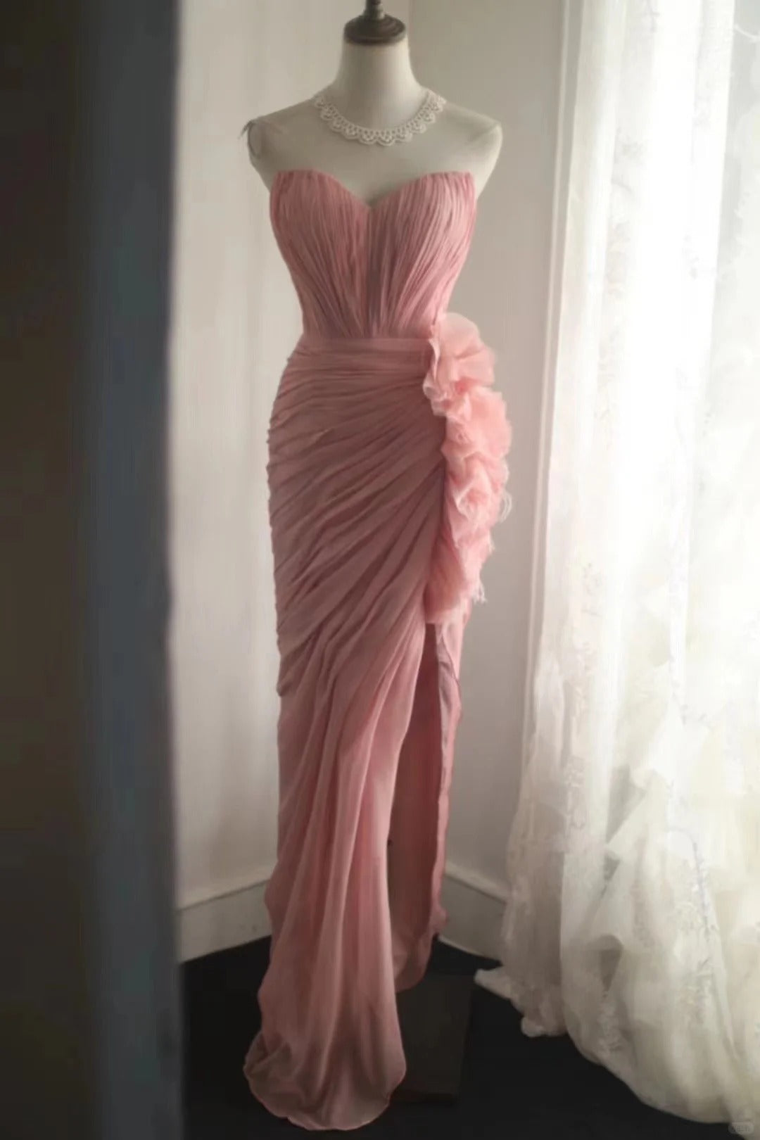 Pink elegant unique long tulle bias cut irregular pleated fishtail ball gown dinner party evening dress wedding adult ceremony birthday party gh4079