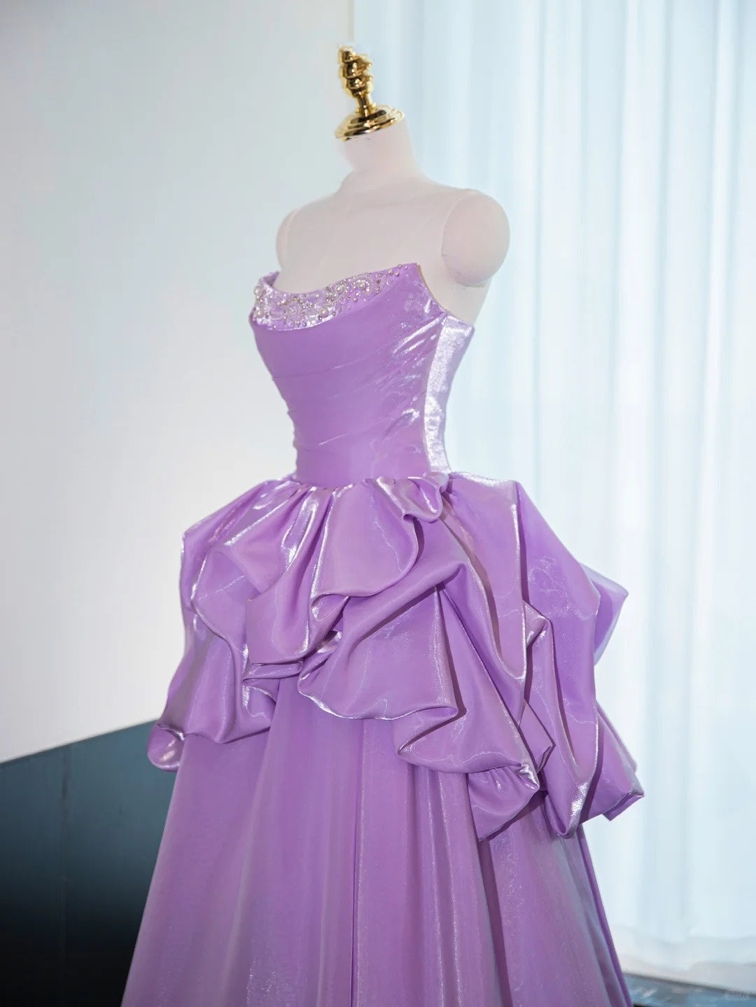 Robe de soirée longue en satin violet, style princesse, longueur au sol, gh4549