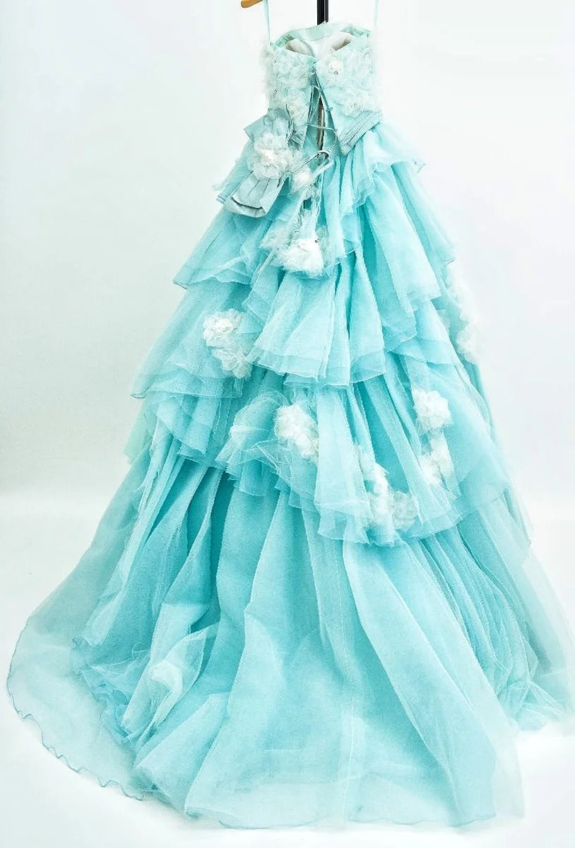 Girlhomeshops-Blue/Pink Floral Fashion Gorgeous Elegant Long Tiered Tulle Ball Gown gh5323