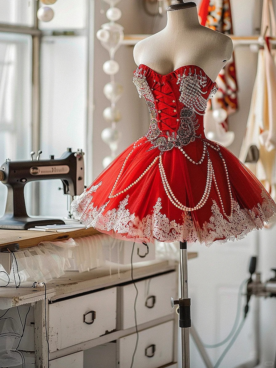 Girlhomeshops-Red gorgeous exquisite beaded chiffon lace short homecoming dress birthday party dress gh5424