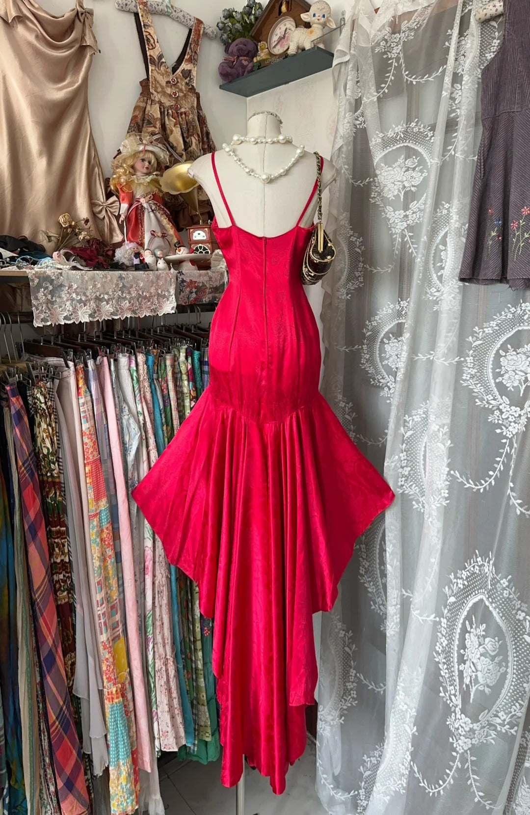 Red Mermaid Beautiful Long Satin Spaghetti Strap Ball Gown Evening Dress Party Dress gh4394
