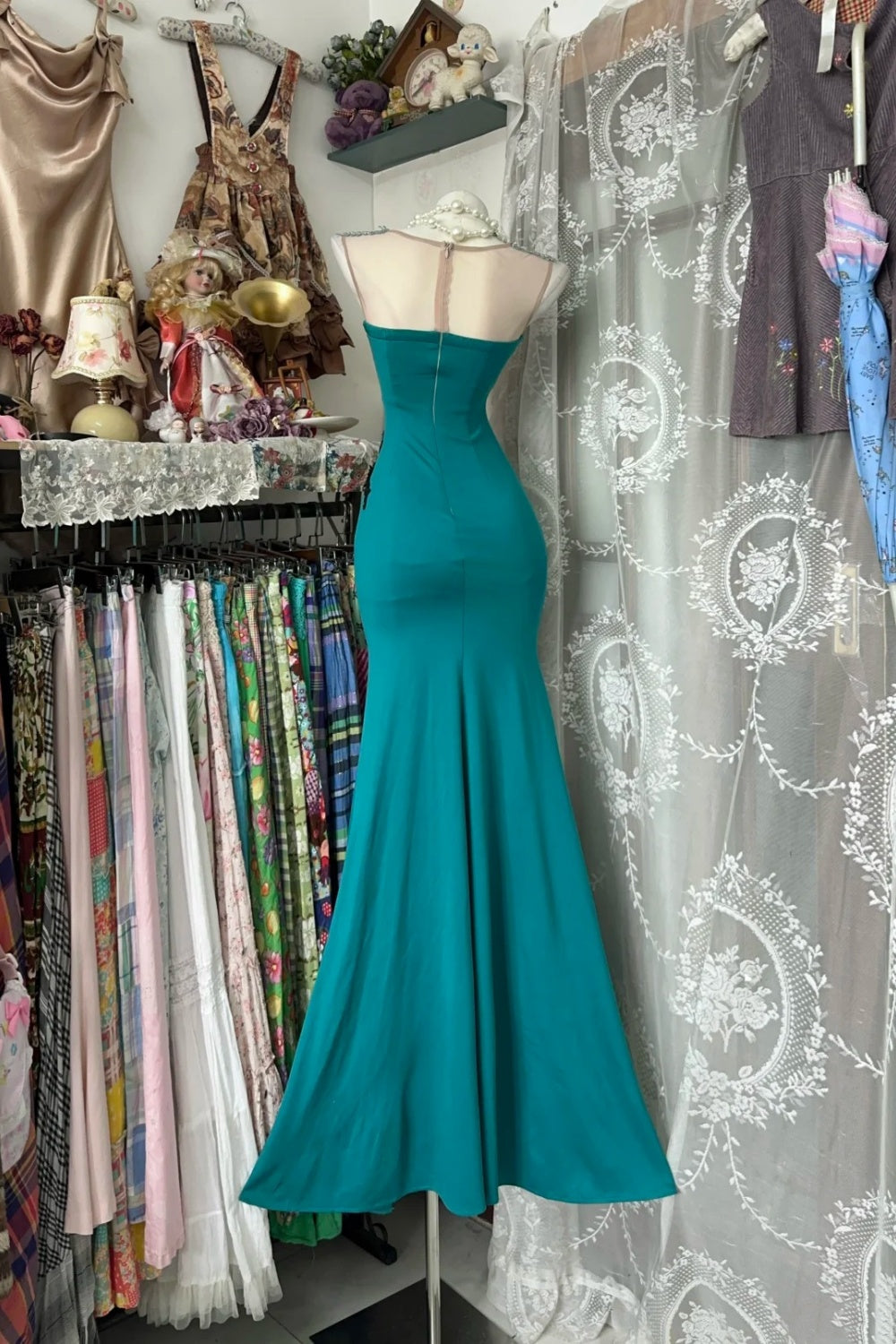 girlhomeshops-Green retro-style long satin dressgh6126