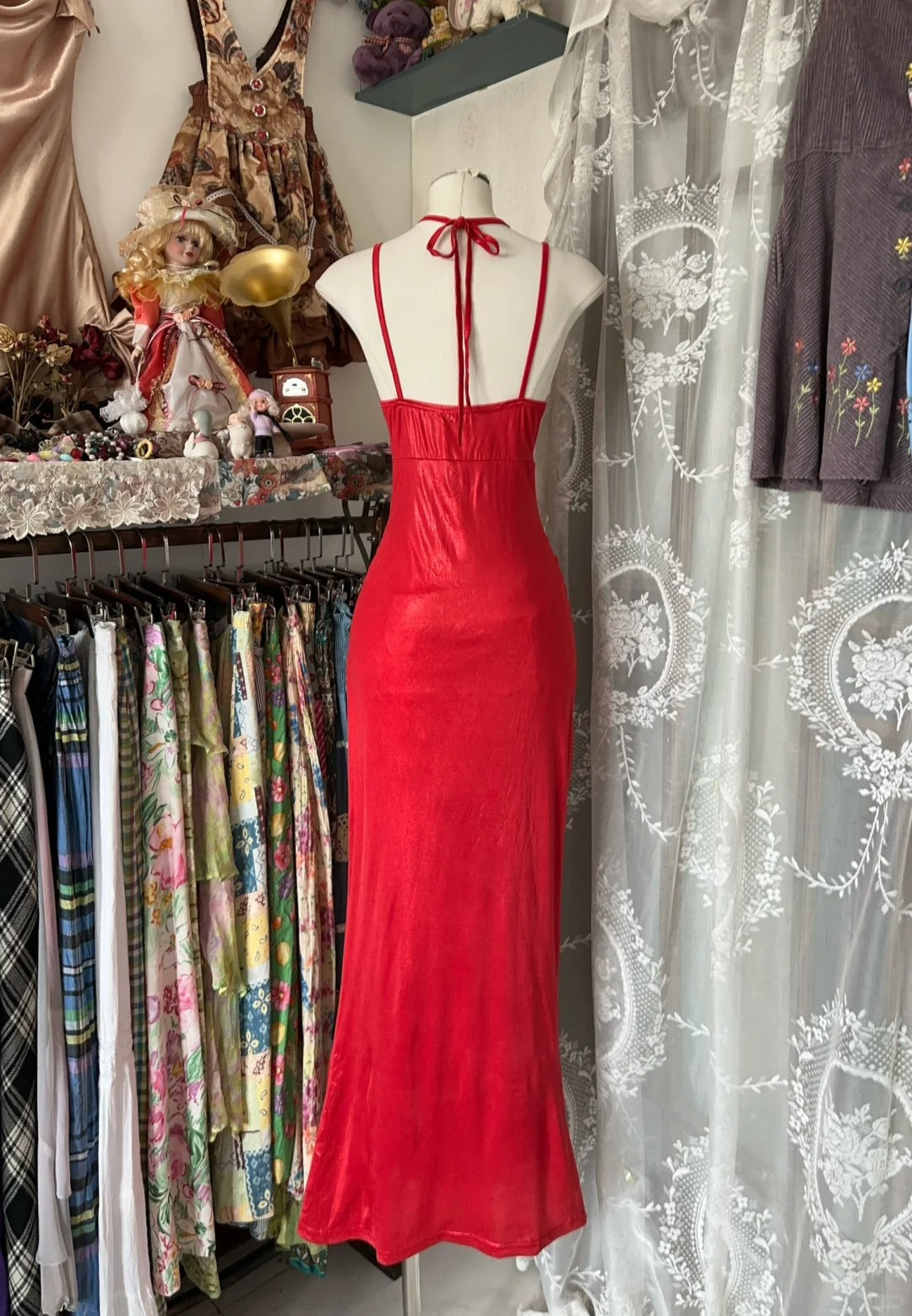 Red vintage long satin ball gown evening dress party dress prom dress gh4340