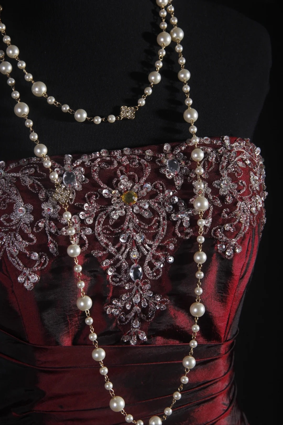 girlhomeshops-Burgundy Satin Beaded Strapless Sleeveless Floor-Length Ruffled Gown gh6316