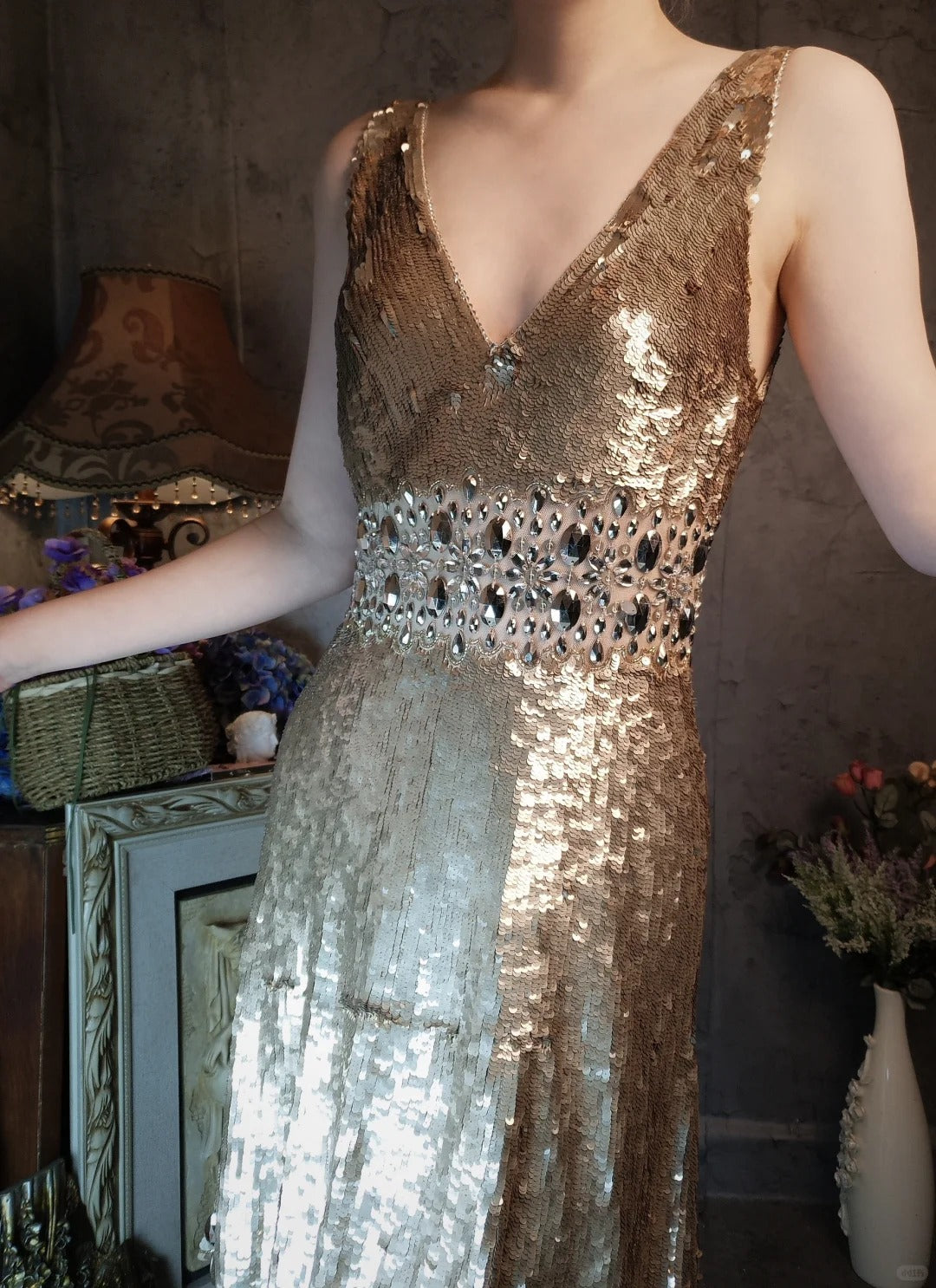 Gold gorgeous vintage beaded sequins elegant long sequin homecoming dress prom dress evening dress cocktail party dress gh4798